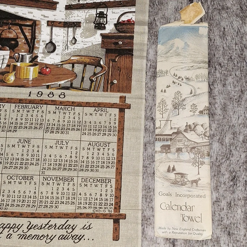 🪑 1988 fabric dish cloth towel wall hanging calendar w/original envelope, dowel